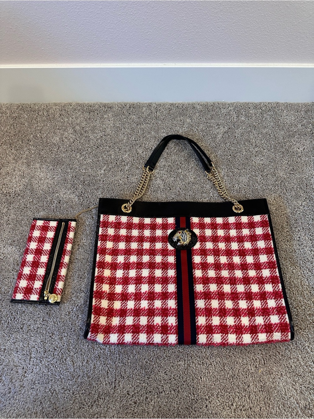 Gucci Rajah Red and White Checkered Tweed Tote with and Gold Chain Handles